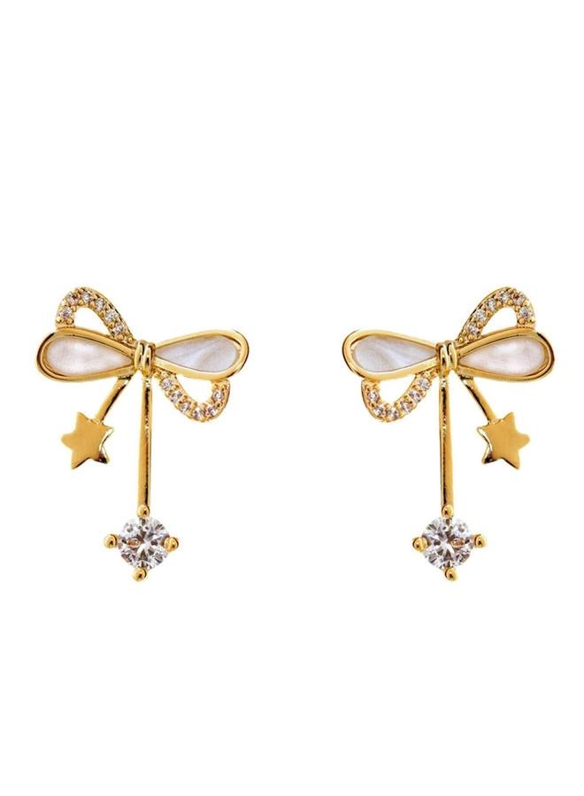 Take Two Gold Bow Stud Earrings with Crystal Dangle - Image 5