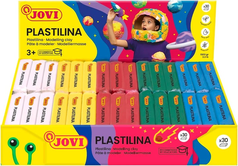 Jovi Plastilina Pack - 100% Vegetable-Based Modelling Clay, 30 Bars of 50 Grams in Basic Multicolor Assortment, Gluten Free - Image 1