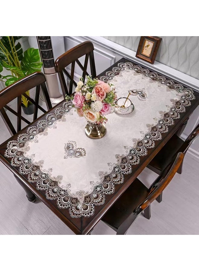 Beige Embroidered Coffee Table Cover Rectangular Lace Tablecloth, 20 x 43 Inches - Image 5