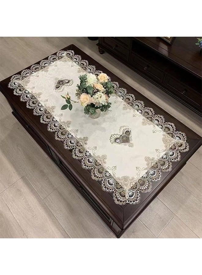 Beige Embroidered Coffee Table Cover Rectangular Lace Tablecloth, 20 x 43 Inches - Image 1