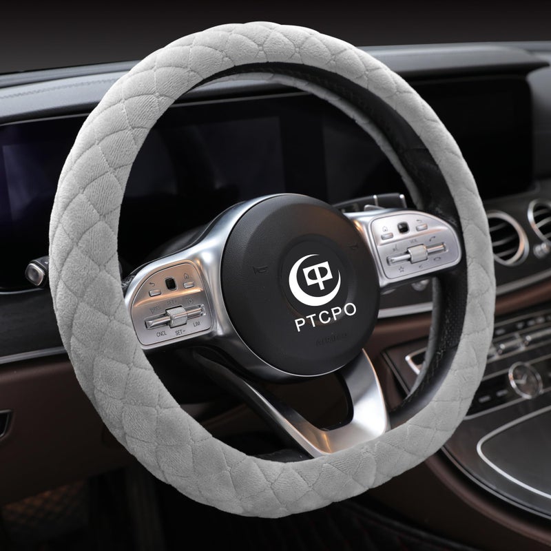 PTCPO Soft Car Steering Wheel Cover for Sedan, SUV, Warm Luxury Velvet, Odorless, Universal, Anti Slip, Summer Winter, Gray, D Shape(Flat Bottom) - Image 2