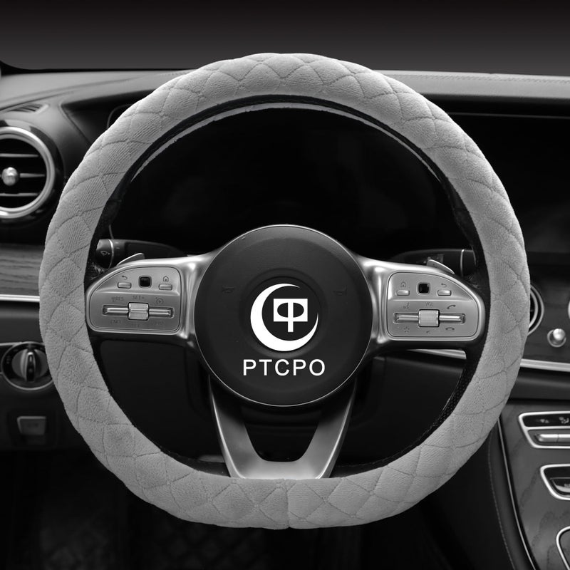 PTCPO Soft Car Steering Wheel Cover for Sedan, SUV, Warm Luxury Velvet, Odorless, Universal, Anti Slip, Summer Winter, Gray, D Shape(Flat Bottom) - Image 1