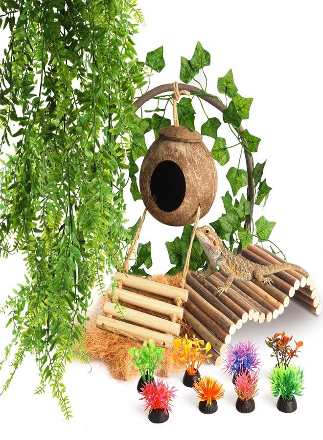 StyEdEk Reptile Plants Bridge Vines Leopard Gecko Coconut Hut Crested Gecko Tank Accessories Lizard Coco Den with Ladder for Lizard, Chameleon Cage, Snakes, Hermit Crab - Image 1