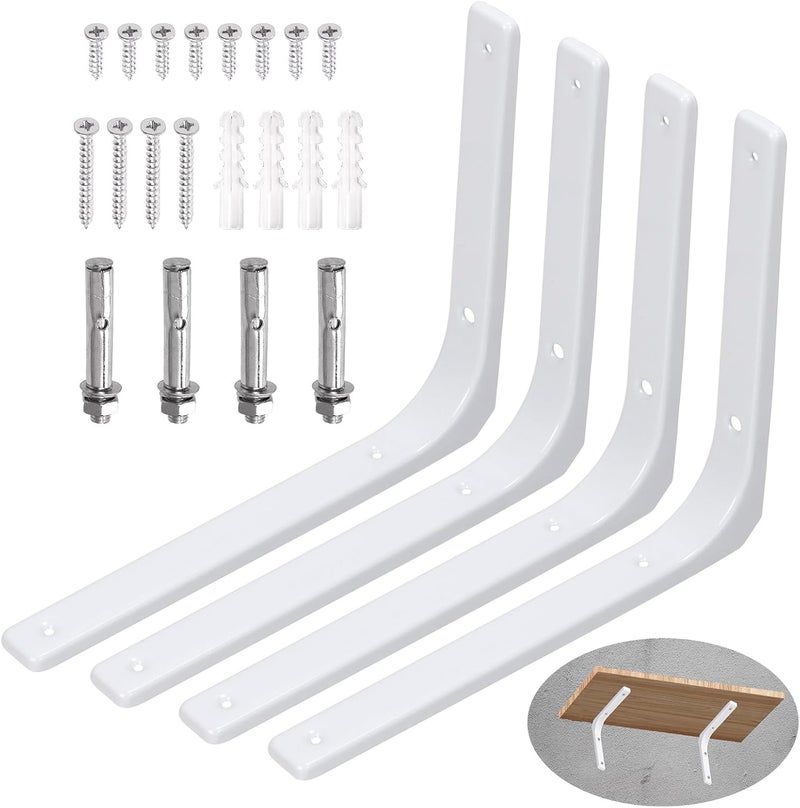 سوبيت مجموعة المكونة من 4 قطع من حوامل الرفوف المعدنية للجدار بحجم 12 بوصة طول × 10 بوصة ارتفاع، حامل دعم رف عائم ثقيل، زاوية توصيل زخرفية من الفولاذ على شكل L، تحتوي المجموعة على براغي 20/40 مم ومسامير تثبيت وبراغي صامولة للمنزل، لون أبيض - Image 1