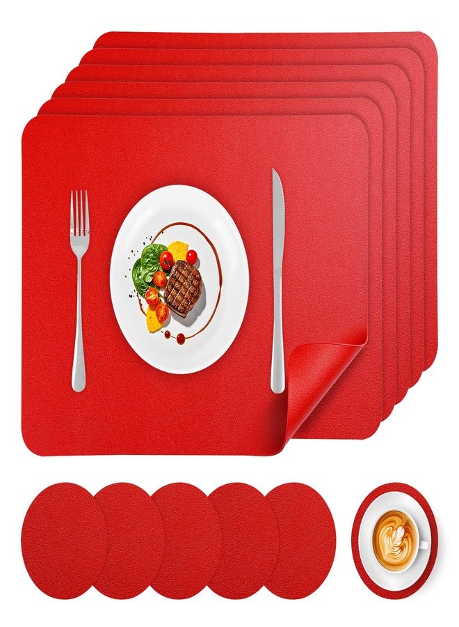 APLKER Vinyl Placemats Set of 6, Waterproof Faux Leather Heat Resistant Kitchen Place Mats, Wipeable Dining Table Place Mats and Coasters for Kitchen, Dining, Decor, Outdoor, (Bright Red) - Image 1