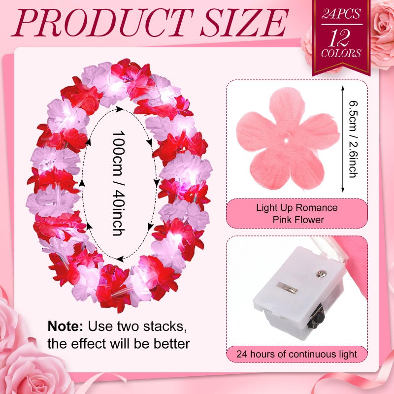 Sherr Sherr 24 Pcs LED Leis Light Up Wedding Hawaiian Leis Flower Necklace Hawaiian Leis with LED Lights Beach Tropical Carnival Party Wedding Supplies Luau Leis for Masquerade(Pink Series)  - Image 2