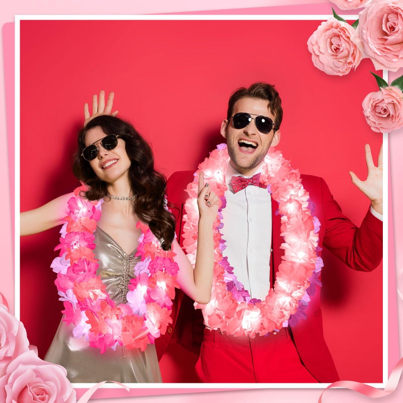 Sherr Sherr 24 Pcs LED Leis Light Up Wedding Hawaiian Leis Flower Necklace Hawaiian Leis with LED Lights Beach Tropical Carnival Party Wedding Supplies Luau Leis for Masquerade(Pink Series)  - Image 3