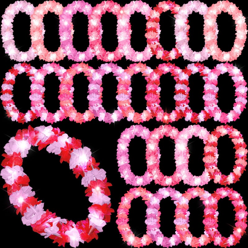 Sherr Sherr 24 Pcs LED Leis Light Up Wedding Hawaiian Leis Flower Necklace Hawaiian Leis with LED Lights Beach Tropical Carnival Party Wedding Supplies Luau Leis for Masquerade(Pink Series)  - Image 1