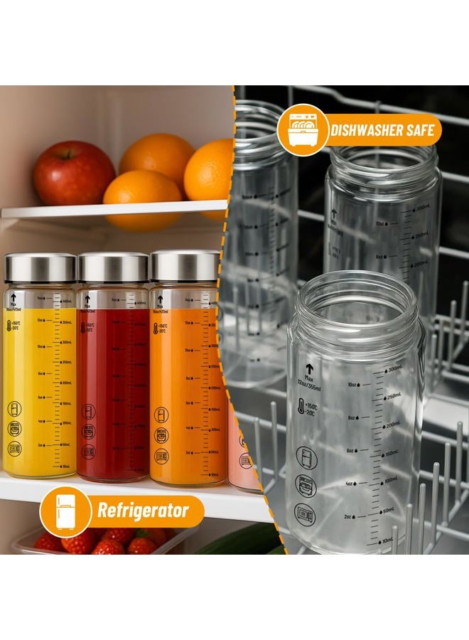 Luxfuel زجاجات عصير زجاجية سعة 12 أونصة مع أغطية، عبوة 6 زجاجات مياه زجاجية بفم واسع مع أغطية من الفولاذ المقاوم للصدأ للعصائر، السموذي، تخزين المشروبات، زجاج بوروسيليكات، قابلة لإعادة الاستخدام، مانعة للتسرب، خالية من BPA، شفافة - Image 3