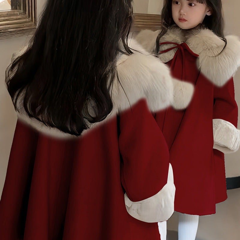 Girls Coat Autumn and Winter 2023 New Winter Coat Childrens New Year Clothes Childrens Wear fleece-lined Red New Year Clothes Red [big fur collar woolen coat] 