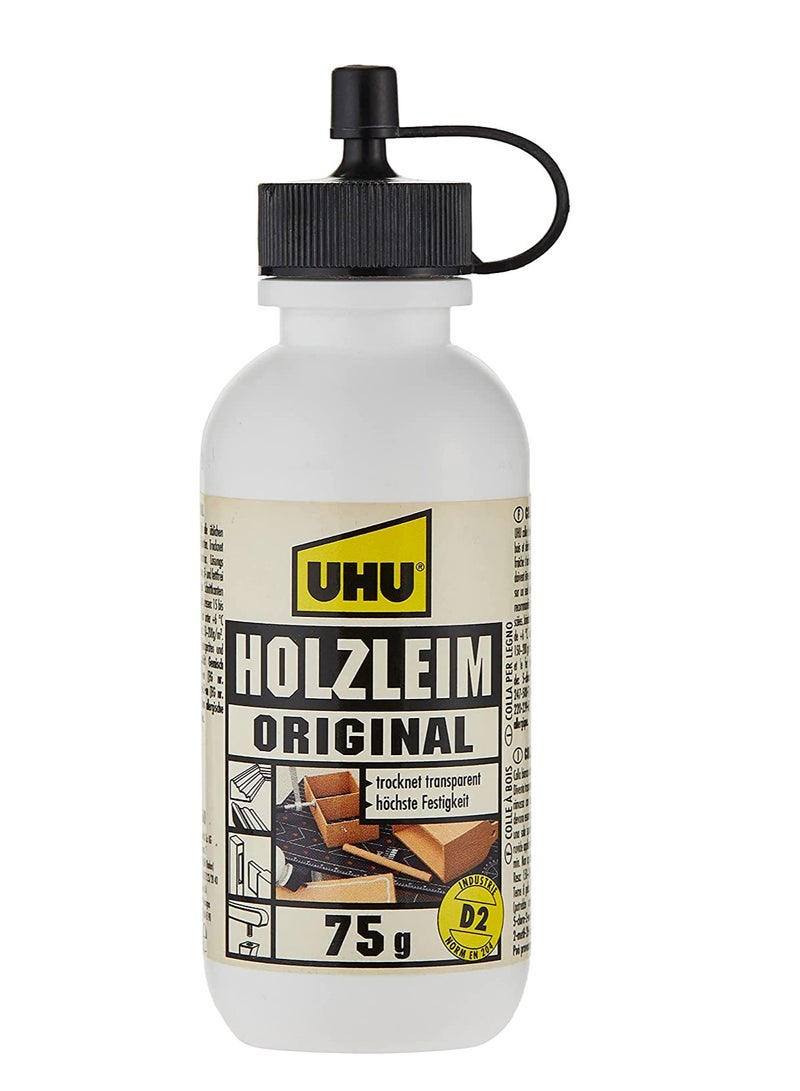 UHU Holzleim Original Wood Glue,  D2 Indoor Moisture Resistant White Glue, Bottle, 75 G, Dries Transparent - Image 1