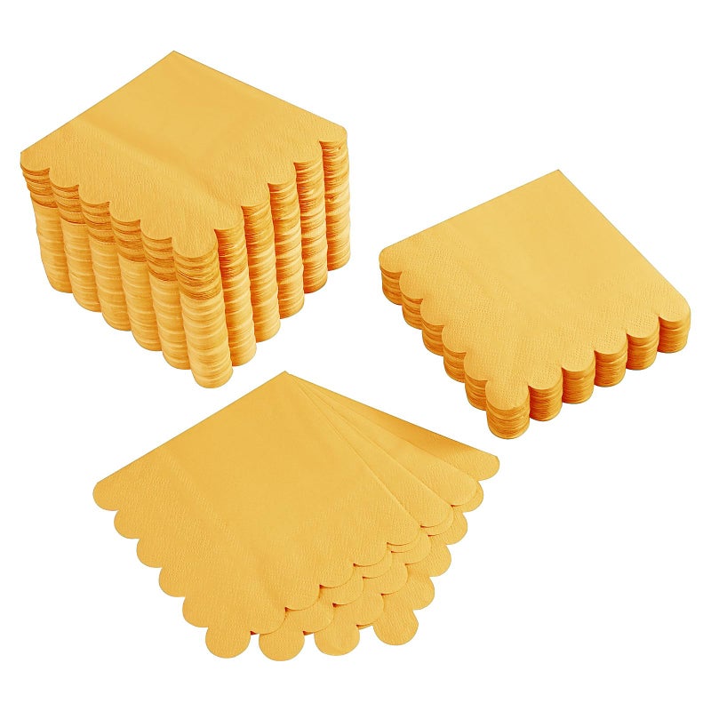 BEFORYOU 100 Pack Cocktail Napkin 2-Ply Scalloped Edged Dessert Napkins Folded 5 x 5 Inches Disposable Napkins for Dinner Wedding Birthday Party Bridal Anniversary Reception Event (Yellow) - Image 1