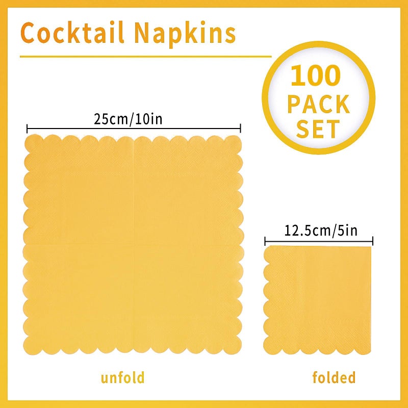 BEFORYOU 100 Pack Cocktail Napkin 2-Ply Scalloped Edged Dessert Napkins Folded 5 x 5 Inches Disposable Napkins for Dinner Wedding Birthday Party Bridal Anniversary Reception Event (Yellow) - Image 2