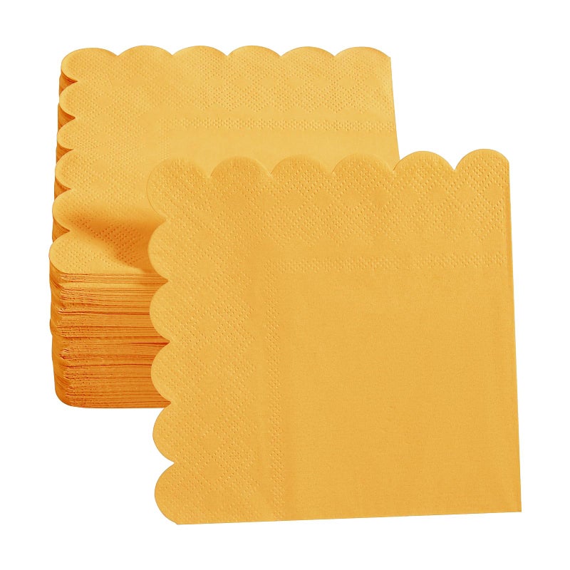 BEFORYOU 100 Pack Cocktail Napkin 2-Ply Scalloped Edged Dessert Napkins Folded 5 x 5 Inches Disposable Napkins for Dinner Wedding Birthday Party Bridal Anniversary Reception Event (Yellow) - Image 4