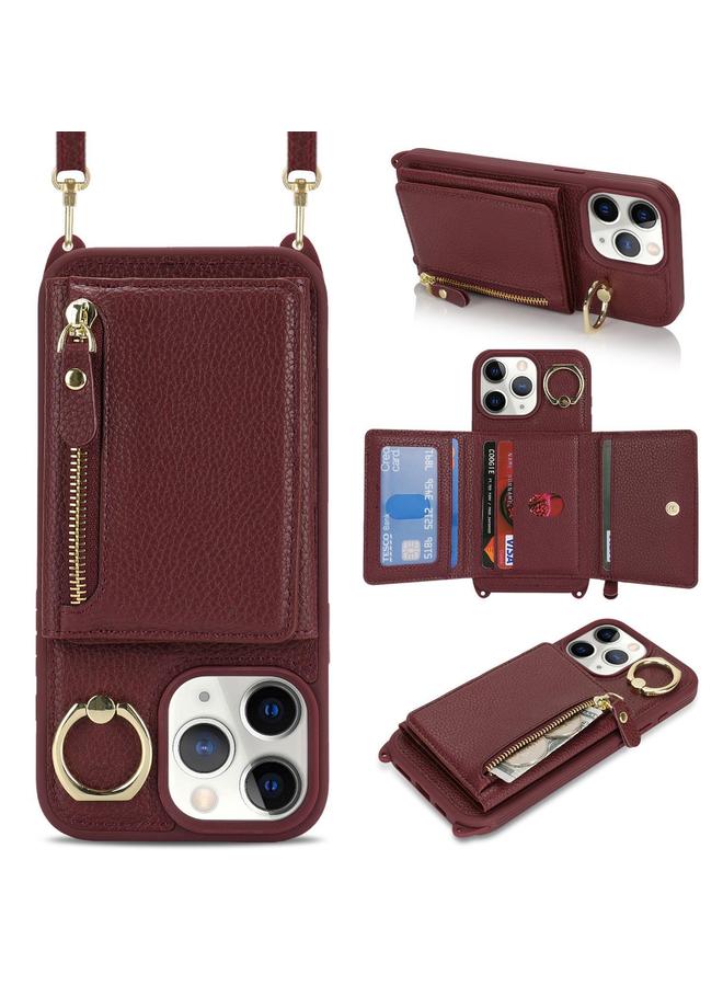 زبون جراب لهاتف iPhone 11 Pro Max، جراب هاتف من الجلد الليتشي مع سحاب وحامل حلقي - Image 1