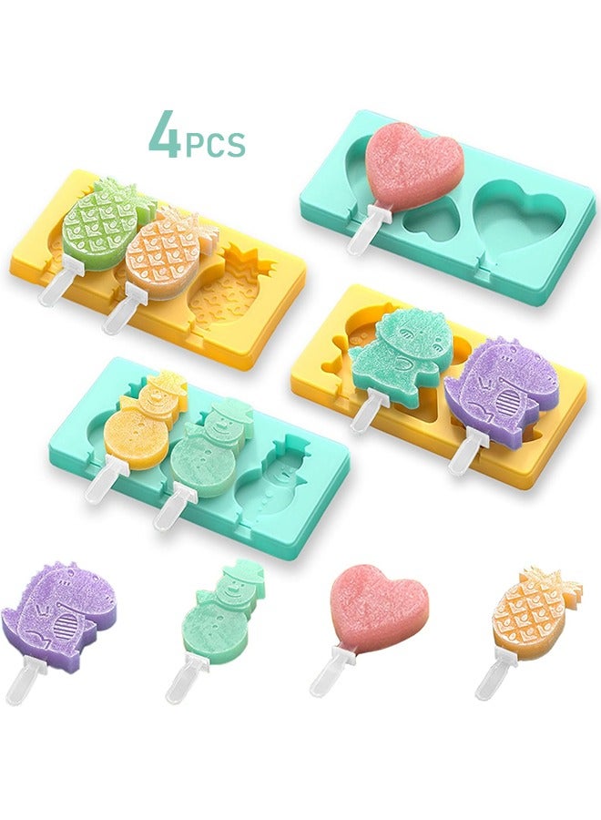 4 Set Kids Cartoon Popsicle Molds, 10-Cavity Food-Grade Silicone Ice Pop Cream Molds, with Reusable Sticks, Non-Stick Flat Design, Easy Release, Stackable for Space Saving - Image 1