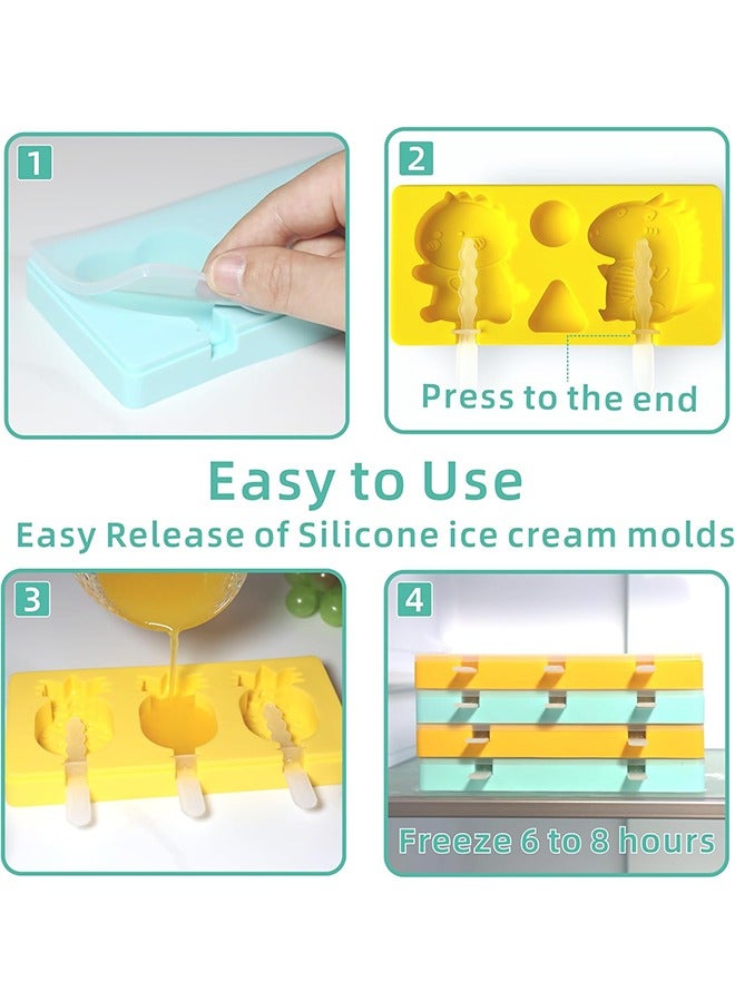4 Set Kids Cartoon Popsicle Molds, 10-Cavity Food-Grade Silicone Ice Pop Cream Molds, with Reusable Sticks, Non-Stick Flat Design, Easy Release, Stackable for Space Saving - Image 3
