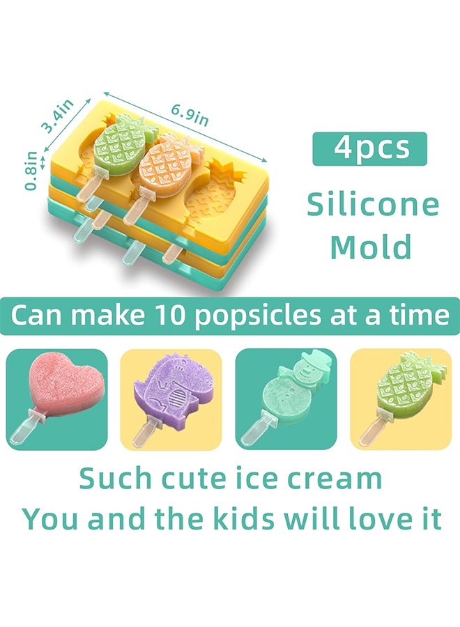 4 Set Kids Cartoon Popsicle Molds, 10-Cavity Food-Grade Silicone Ice Pop Cream Molds, with Reusable Sticks, Non-Stick Flat Design, Easy Release, Stackable for Space Saving - Image 5