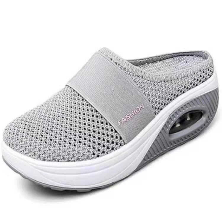 Autumn 2024 New Foreign Trade plus size Air Cushion Flying Woven Baotou Half Drag Thick Bottom Mesh Non-slip Casual Shoes for Women Dark gray - Image 2