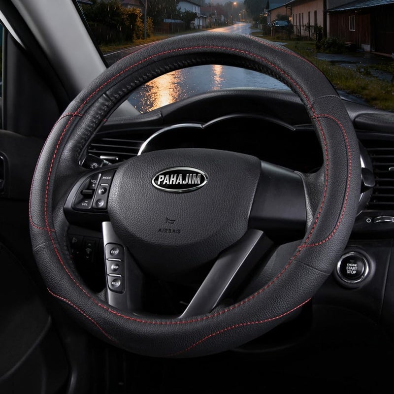 Coofig Leather Car Steering Wheel Covers Universal 37-38cm /15inch Breathable Anti-slip Protector Interior Accessories for Auto/Truck/SUV/Van for Men Women (Black -2) - Image 2