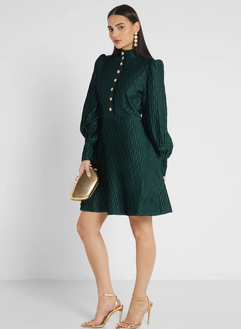 YAS Puff Sleeve Button Detail Tiered Dress