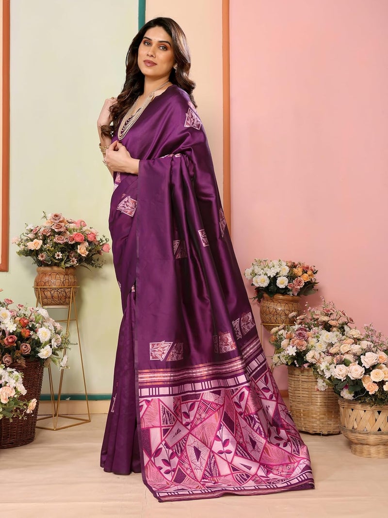 Sidhidata ساري سدهيداتا النسائي من قماش كانجيفارام بناراسي من الحرير الناعم بلون النبيذ مع قطعة بلوزة غير مخيطة - Image 4