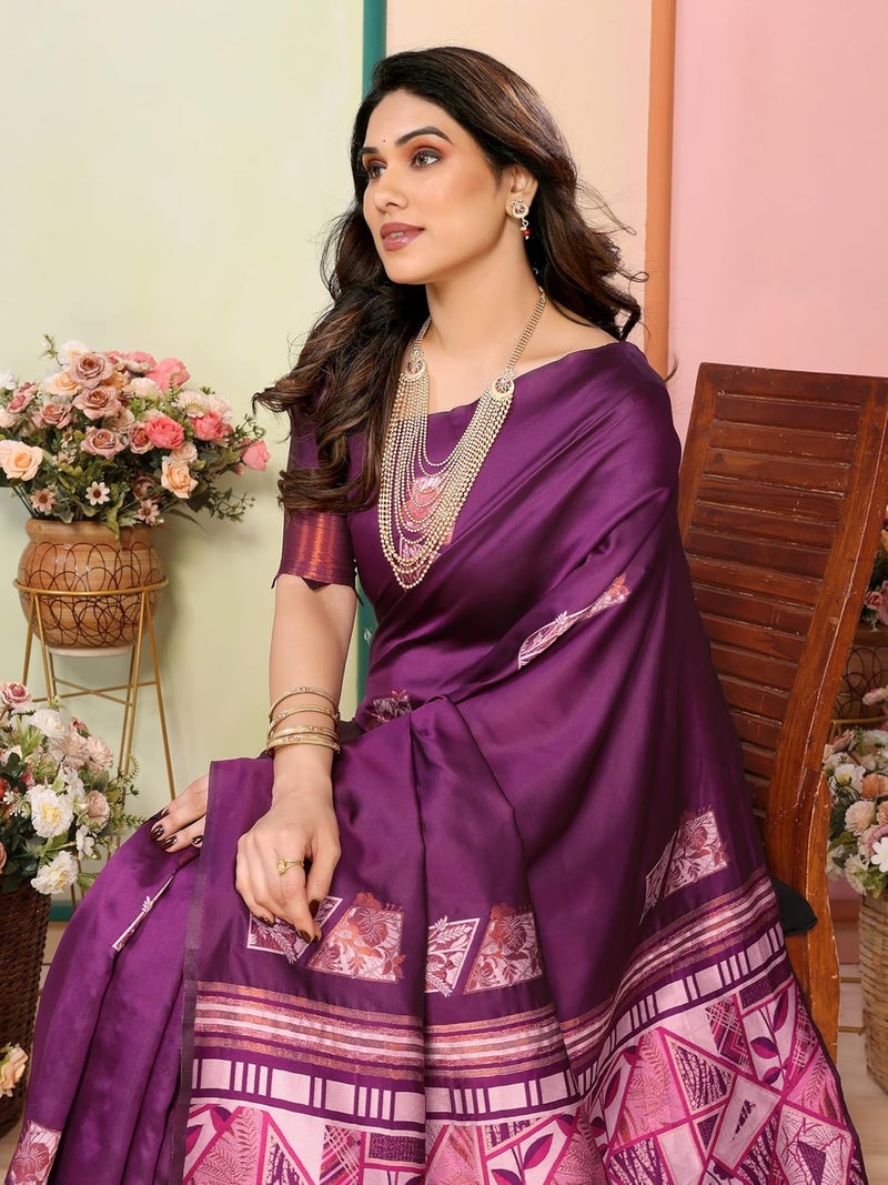 Sidhidata ساري سدهيداتا النسائي من قماش كانجيفارام بناراسي من الحرير الناعم بلون النبيذ مع قطعة بلوزة غير مخيطة - Image 5