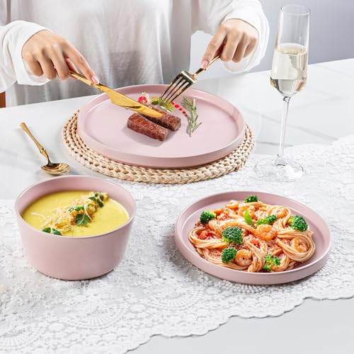 AmorArc Ceramic Dinner Plates Set of 6,10.0 Inch Matte Stoneware Plates for Kitchen,Modern Flat Dinnerware Dishes Set,Microwave& Dishwasher Safe, Scratch Resistant, Matte Pink - Image 5