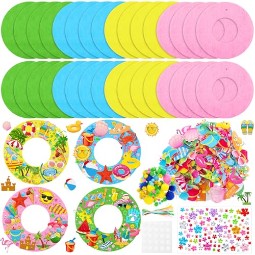 Suilung 32 Sets Summer Hawaii Crafts Kits DIY Felt Wreath Making Kits Tropical Beach Crafts with Flamingo Palm Pineapple Watermelon Surfboard Stickers for Party Decorations Home - Image 1