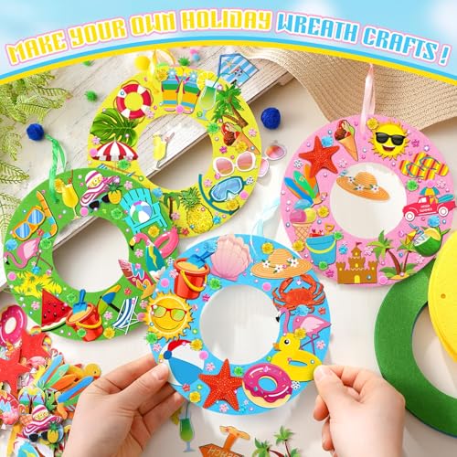 Suilung 32 Sets Summer Hawaii Crafts Kits DIY Felt Wreath Making Kits Tropical Beach Crafts with Flamingo Palm Pineapple Watermelon Surfboard Stickers for Party Decorations Home - Image 5