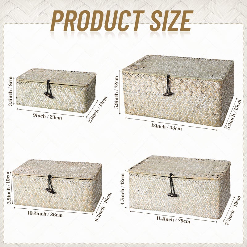 Woanger Set of 4 Wicker Storage Baskets Organizer，Handwoven Storage Bins with Lid for Organizing, Home Utility Box for Home Office Supplies Multipurpose Container(White) - Image 2