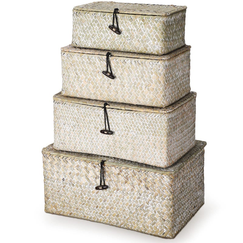 Woanger Set of 4 Wicker Storage Baskets Organizer，Handwoven Storage Bins with Lid for Organizing, Home Utility Box for Home Office Supplies Multipurpose Container(White) - Image 1