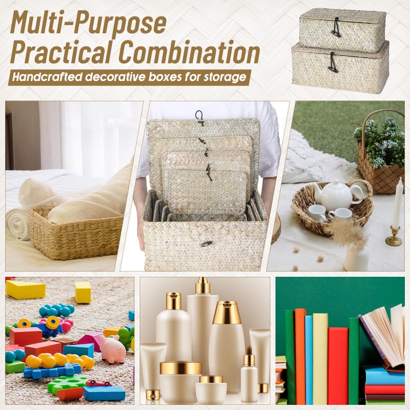 Woanger Set of 4 Wicker Storage Baskets Organizer，Handwoven Storage Bins with Lid for Organizing, Home Utility Box for Home Office Supplies Multipurpose Container(White) - Image 5