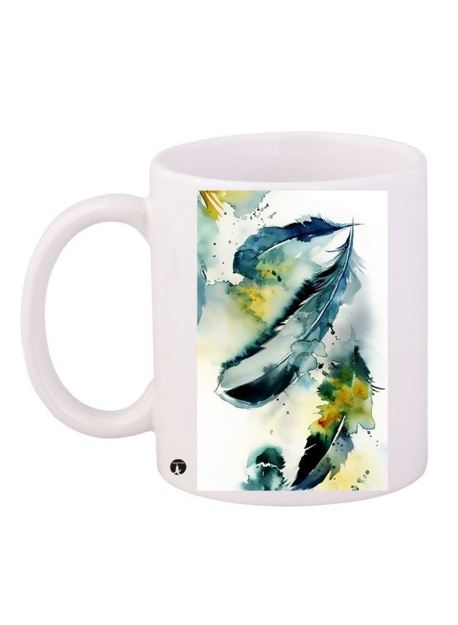 RYN Feathers Printed Coffee Mug White/Blue/Green 11ounce