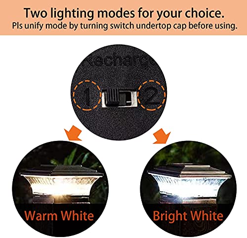 HUYIENO Solar Cap Lights Outdoor LED Lighting Deck Fence Two Light Modes Warm White/Bright White Suitable for 4x4 Wooden Posts Black 6PK - Image 3