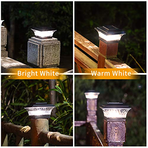 HUYIENO Solar Cap Lights Outdoor LED Lighting Deck Fence Two Light Modes Warm White/Bright White Suitable for 4x4 Wooden Posts Black 6PK - Image 2