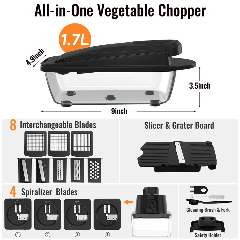 ukeetap 12 Blade All-in-1 Vegetable Chopper Mandoline Slicer with Container, Spiralizer with Containers, Food Chopper, Onion Chopper, Veggie Cutter for Salad, Kitchen Gadgets Accessories Essentials, Black - Image 2