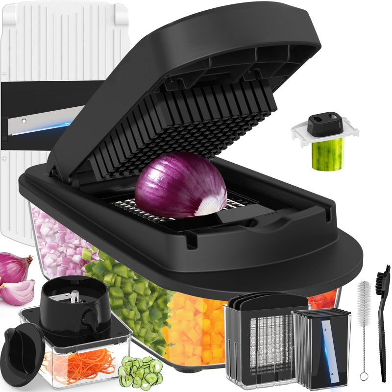 ukeetap 12 Blade All-in-1 Vegetable Chopper Mandoline Slicer with Container, Spiralizer with Containers, Food Chopper, Onion Chopper, Veggie Cutter for Salad, Kitchen Gadgets Accessories Essentials, Black - Image 1