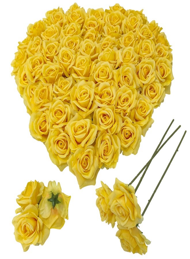 ATFL Artificial Satin Rose Flower Heads,48 Pcs Silk Rose Heads with Stems,3.3'' Rose Artificial Flowers Bulk,Artificial Rose Flower Heads for DIY Crafts Bouquet (48, Yellow) - Image 1