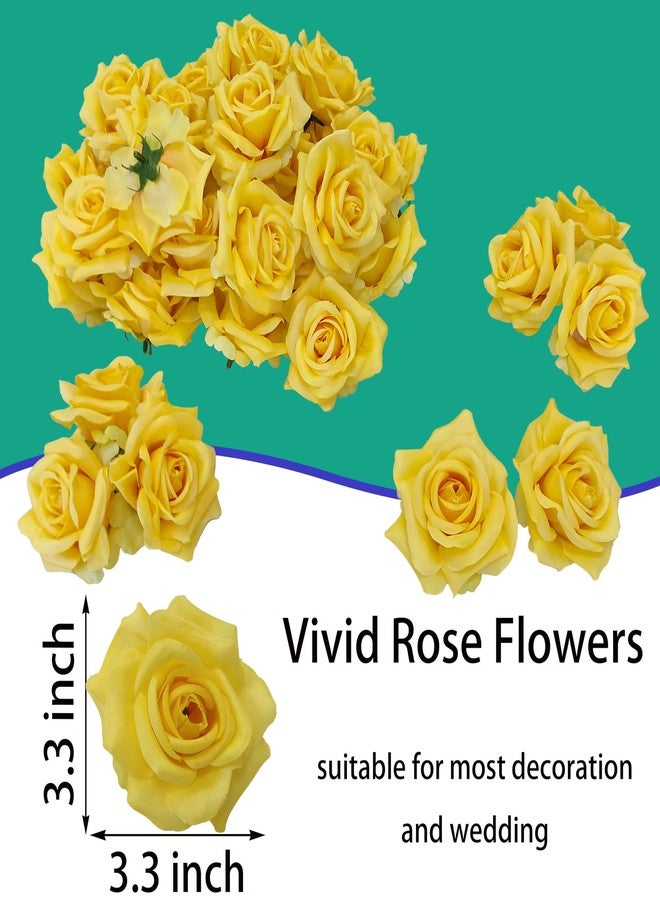 ATFL Artificial Satin Rose Flower Heads,48 Pcs Silk Rose Heads with Stems,3.3'' Rose Artificial Flowers Bulk,Artificial Rose Flower Heads for DIY Crafts Bouquet (48, Yellow) - Image 4