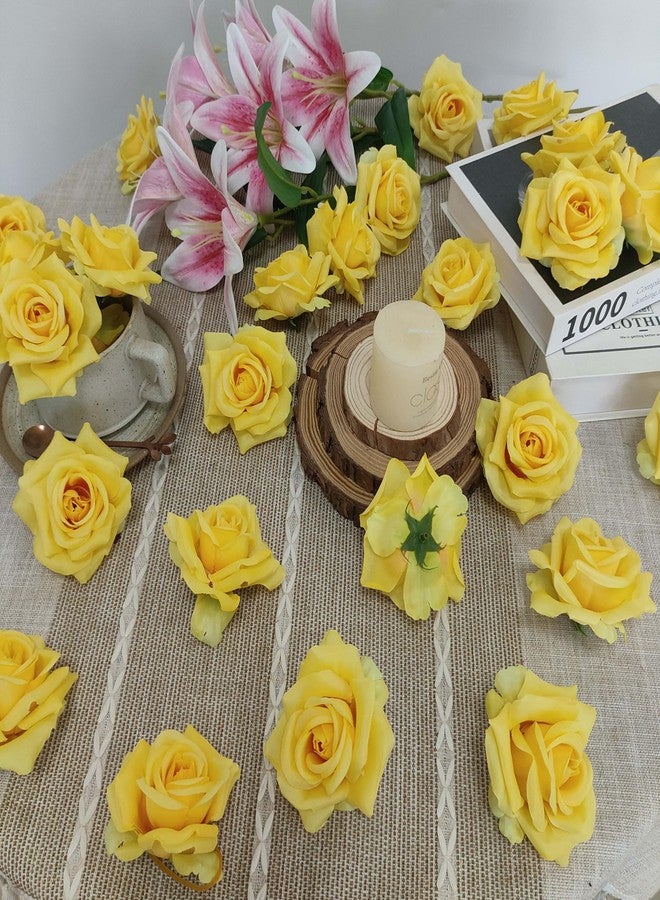 ATFL Artificial Satin Rose Flower Heads,48 Pcs Silk Rose Heads with Stems,3.3'' Rose Artificial Flowers Bulk,Artificial Rose Flower Heads for DIY Crafts Bouquet (48, Yellow) - Image 5