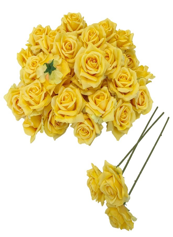ATFL Artificial Satin Rose Flower Heads,48 Pcs Silk Rose Heads with Stems,3.3'' Rose Artificial Flowers Bulk,Artificial Rose Flower Heads for DIY Crafts Bouquet (48, Yellow) - Image 2