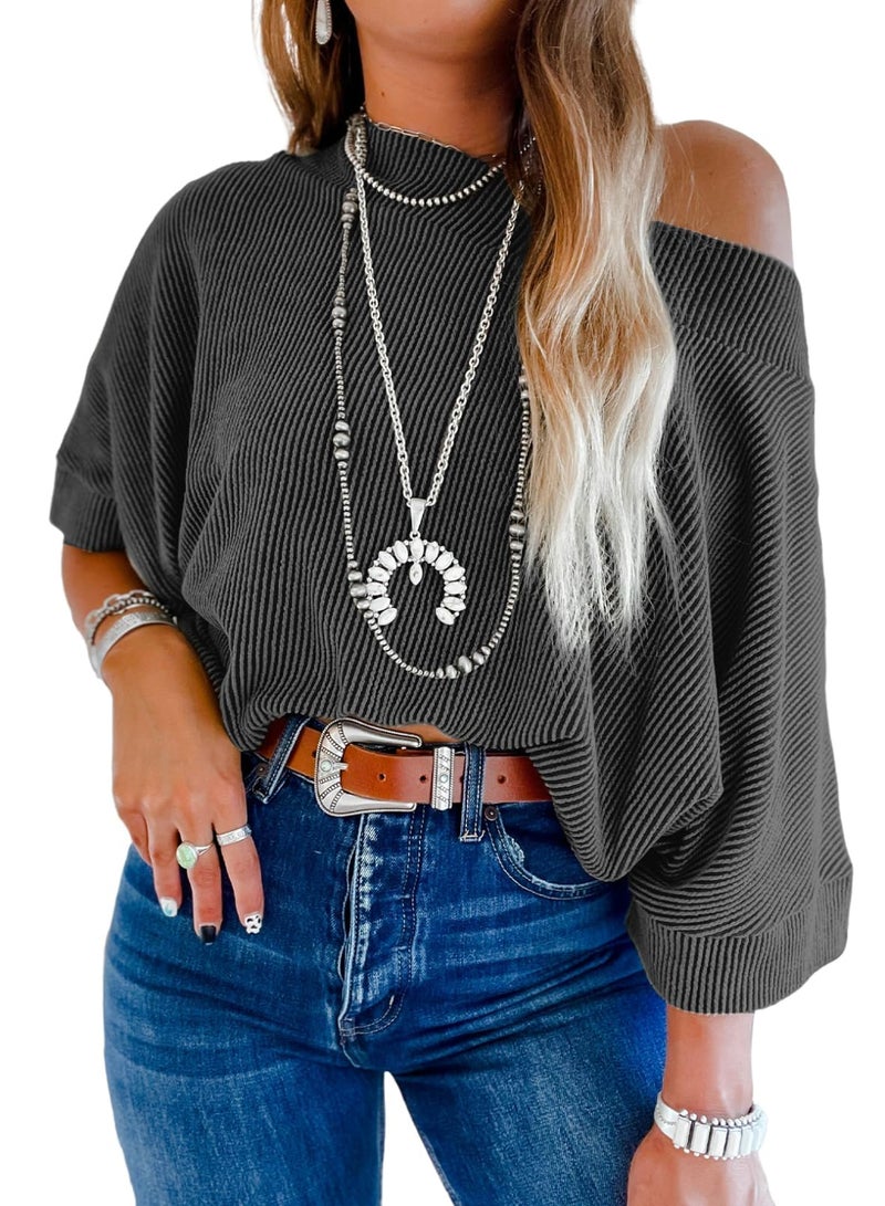 EVALESS Sexy Off The Shoulder Tops for Women 3/4 Length Sleeve Womens Tops Casual Boat Neck Batwing Sleeve One Shoulder Shirts Going Out Tops Spring Summer 2026 Knitted T Shirts Black Medium - Image 1