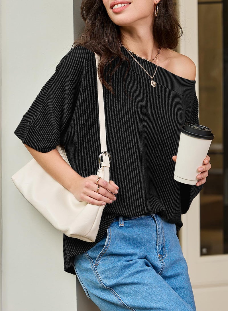EVALESS Sexy Off The Shoulder Tops for Women 3/4 Length Sleeve Womens Tops Casual Boat Neck Batwing Sleeve One Shoulder Shirts Going Out Tops Spring Summer 2026 Knitted T Shirts Black Medium - Image 3