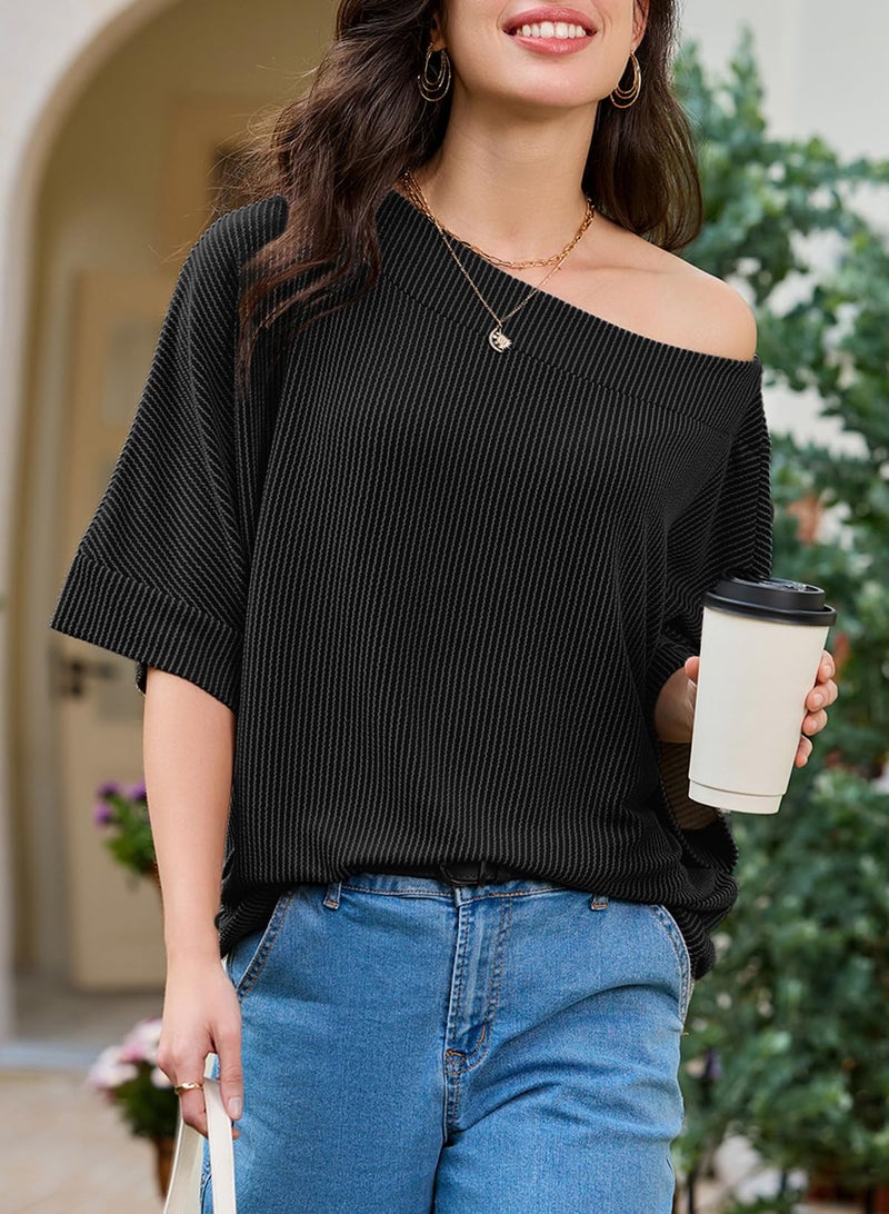 EVALESS Sexy Off The Shoulder Tops for Women 3/4 Length Sleeve Womens Tops Casual Boat Neck Batwing Sleeve One Shoulder Shirts Going Out Tops Spring Summer 2026 Knitted T Shirts Black Medium - Image 4