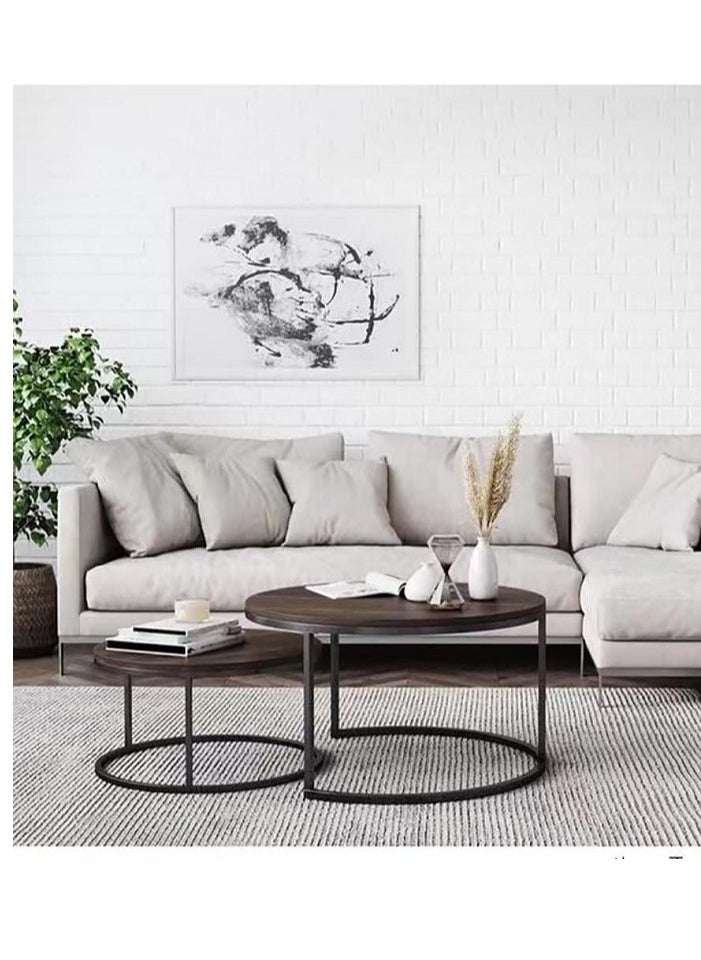 AGD - 2-Piece Round Coffee Tables Nesting Table Set Circle Coffee Table with Storage Open Shelf for Living Room Modern Minimalist Style Furniture Side End Table - Image 1