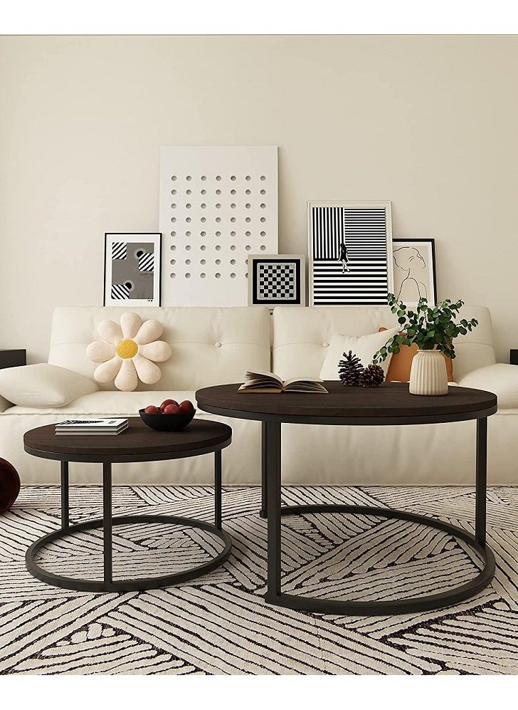 AGD - 2-Piece Round Coffee Tables Nesting Table Set Circle Coffee Table with Storage Open Shelf for Living Room Modern Minimalist Style Furniture Side End Table - Image 1