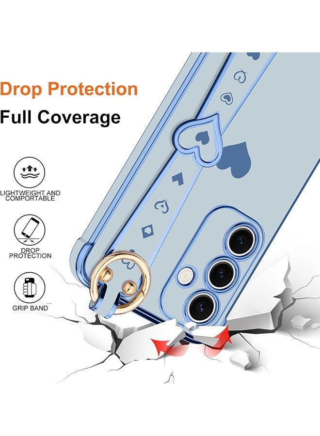 Wffo Compatible with Samsung Galaxy A16 Case - Adjustable Wrist Strap Kickstand - Cute Heart Luxury Gold Plating Bumper - Women Girl Men Protective Case Cover - Blue - Image 2