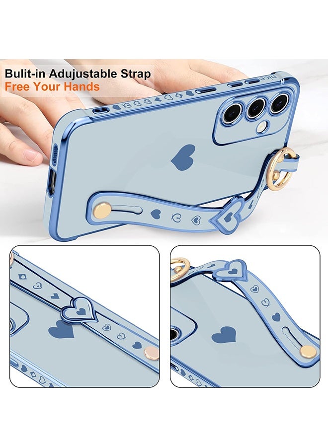 Wffo Compatible with Samsung Galaxy A16 Case - Adjustable Wrist Strap Kickstand - Cute Heart Luxury Gold Plating Bumper - Women Girl Men Protective Case Cover - Blue - Image 4
