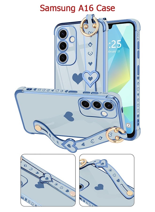 Wffo Compatible with Samsung Galaxy A16 Case - Adjustable Wrist Strap Kickstand - Cute Heart Luxury Gold Plating Bumper - Women Girl Men Protective Case Cover - Blue - Image 1